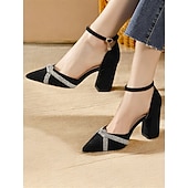 preiswerte Halbformell-Schwarze Pumps mit Blockabsatz für Damen mit Strass-überkreuztem Riemchen und Fußkettchen – elegante Schuhe mit spitzer Spitze für formelle Anlässe