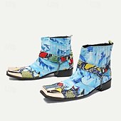 abordables Botas de cuero de primera calidad-Botines de piel de vacuno de primera calidad para hombre: botas de motociclista estilo western con estampado de serpiente colorido y puntera metálica