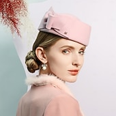 voordelige Feesthoeden-hoed 100% Wol Damesbaret Fedorahoed Bruiloft cocktail Elegant Bruiloft Met Strik Pure Kleur Helm Hoofddeksels