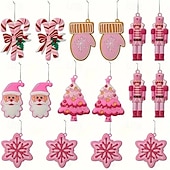 levne Doplňky pro stromy-24ks vánočních růžových dřevěných ozdob, dekorace na vánoční stromeček - vintage růžový perník, palčáky, louskáček, santa, stromečky a sněhové vločky na Vánoce