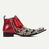 cheap Premium Leather Boots-Men&#039;s Floral Jacquard Leather Ankle Boots – Premium Cowhide, Red and Black Brocade Design with Double Buckle Straps and Gold-Tipped Decorative Toes