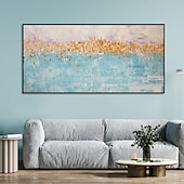 preiswerte Landschaftsgemälde-handgemachtes buntes abstraktes blau-goldenes Ölgemälde auf Leinwand, großes handgemaltes abstraktes strukturiertes Boho-Ölgemälde, moderne Wandkunst, zeitgenössisches minimalistisches Kunstwerk für