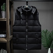 billiga Gilets-Herr Pufferväst Hoodie väst Vadderad Gilet Quiltad väst Dagligen Datum Semester Mode Ledigt Höst vinter Ficka Avtagbar huva Polyester Håller värmen Bekväm Ensfärgat Dragkedja Huva Normal Svart