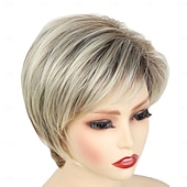economico parrucca più vecchia-parrucche bionde corte per donne parrucche bionde con taglio pixie con frangia parrucche corte lisce a strati parrucche bionde chiare sintetiche dall&#039;aspetto naturale