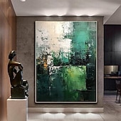 お買い得  抽象画-手描きの緑のミニマリズム絵画 ベージュの壁アート キャンバスに描かれた大きな白い抽象的な金箔の油絵 リビングルームのホームデコレーション フレームなし