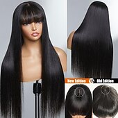 abordables Pelucas delanteras del cordón de cabello natural-Pelucas frontales de encaje hd 2x1, pelucas de cabello humano con flequillo para mujeres negras, pelucas rectas con cierre de encaje sin pegamento para principiantes, cabello humano virgen 100 %