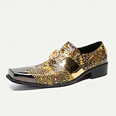 cheap Premium Leather Loafers-Men&#039;s Snake Print Leather Slip-On Dress Shoes with Gold Tip Gold Metal Embellishment–Premium Cowhide, Formal Party Footwear