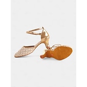 abordables Chaussures de danses latines-chaussures de danse en dentelle dorée pour femmes avec bride croisée et semelle en daim – talons confortables pour les événements de danse de salon et latine
