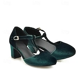 olcso Block Heels-női vintage zöld bársony t-pántos sarok - elegáns blokk sarkú mary jane cipő esti bulikra és hivatalos alkalmakra