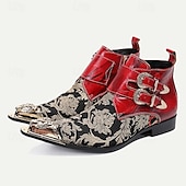 cheap Premium Leather Boots-Men&#039;s Floral Jacquard Leather Ankle Boots – Premium Cowhide, Red and Black Brocade Design with Double Buckle Straps and Gold-Tipped Decorative Toes