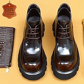 baratos Botas de couro premium-Botas masculinas de couro envernizado marrom com cadarço grosso - sapatos sociais casuais de grife com sola robusta para moda urbana