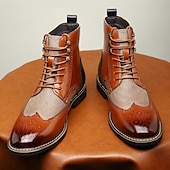 baratos Botas de vestir-Botas masculinas vintage brogue ankle boots - couro sintético marrom e preto com painel de tweed, design clássico de cadarço para ocasiões formais e casuais, botas sociais estilo retrô