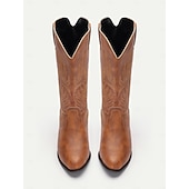tanie Kowboj i zachodnie buty-damskie kowbojskie buty w stylu western – klasyczne, sięgające do połowy łydki, brązowe, ze sztucznej skóry z haftowanym wzorem, idealne na co dzień, na festiwale i do strojów wiejskich