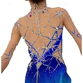 cheap Figure Skating Dresses-Figure Skating Dress Women&#039;s Girls&#039; Ice Skating Dress Blue Patchwork Thumbhole Mesh Spandex Stretchy Training Practice Professional Skating Wear Thermal Warm Crystal / Rhinestone Long Sleeve Ice