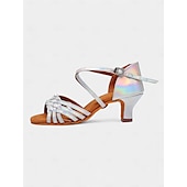 abordables Chaussures de danses latines-sandales de danse holographiques argentées pour femmes avec semelle en daim souple, design à brides croisées et talon bas - idéales pour la salsa, la danse latine et la danse de salon