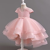 preiswerte Partykleider-kinderkleidung Mädchen Party Kleid Feste Farbe Kurzarm Hochzeit Besondere Anlässe Rüschen Gitter Zip bezaubernd Süß Polyester Asymmetrisch abendkleider Sommer Frühling Herbst 4-13 Jahre Wei