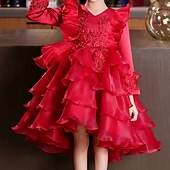 preiswerte Partykleider-kinderkleidung Mädchen Party Kleid Blume Langarm Hochzeit Besondere Anlässe Patchwork Zip bezaubernd Süß Baumwolle Polyester Asymmetrisch abendkleider Sommer Frühling Herbst 4-13 Jahre Weiß Rosa Rote