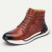 cheap Premium Leather Boots-Men&#039;s Brown Leather Sneaker Boots with Crocodile Texture and Script Embossing – Premium Cowhide Casual High-Top Footwear with Sporty Sole
