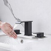 preiswerte Waschbeckenarmaturen-schwarzer Badezimmerhahn, 3-Loch, weit verbreiteter Badezimmerwaschbeckenhahn, 2 Griffe, mattschwarzer Badhahn, moderner Waschtischhahn mit Wasserversorgungsleitungen