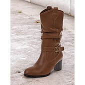 levne Slouch Boots-dámské hnědé kozačky ke kolenům s detaily přezek a blokovým podpatkem – klasická a všestranná obuv pro běžné i podzimní outfity