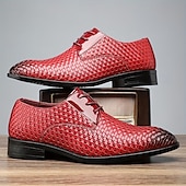 baratos Formal-sapatos sociais masculinos de couro sintético vermelho trançado – oxfords elegantes com cadarço e detalhes em couro envernizado para ocasiões formais e casuais