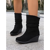 levne Slouch Boots-dámské hnědé semišové kotníkové boty – pohodlný klínový podpatek s prohnutým designem, ideální na podzimní a zimní běžné nošení