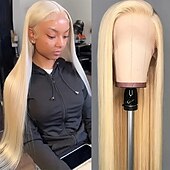 abordables Pelucas delanteras del cordón de cabello natural-Peluca frontal de encaje transparente de 13x4, 613 #, pelucas frontales de encaje liso rubio, cabello humano con cabello de bebé