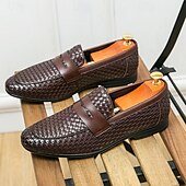 voordelige Semi-formeel-Bruine imitatieleren penny loafers voor heren met geweven bovenkant en rubberen zool - comfortabel en stijlvol voor zakelijke casual of smart casual outfits