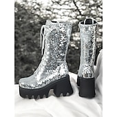 baratos Botas com salto-botas plataforma femininas com cadarço e lantejoulas – botas de salto grosso verde e azul brilhantes para festas, festivais e cosplay