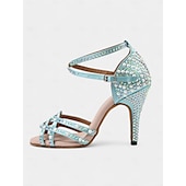 abordables Chaussures de danses latines-chaussures de danse latine pour femmes ornées de strass dorés - talons à bout ouvert avec design à lanières pour la salle de bal, la salsa et les occasions spéciales