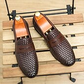voordelige Semi-formeel-Bruine imitatieleren penny loafers voor heren met geweven bovenkant en rubberen zool - comfortabel en stijlvol voor zakelijke casual of smart casual outfits