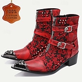 cheap Premium Leather Boots-Men&#039;s Red &amp; Black Gothic Leather Ankle Boots with Skull Buckles, Studded Accents, and Embroidered Floral Design – Premium Cowhide Punk Rock Footwear