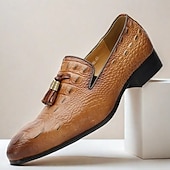 cheap Premium Leather Loafers-Men&#039;s Tan Crocodile Embossed Leather Loafers with Tassel Detail – Premium Cowhide Formal &amp; Casual Dress Shoes