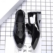 levne Poloformální-pánské černé lakované střapcové mokasíny – elegantní společenské boty s brogue detaily