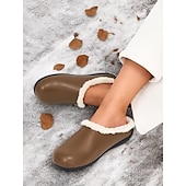 economico Zoccoli e pianelle da donna-Zoccoli invernali da donna in similpelle nera foderati in pile – comode scarpe da casa e da esterno slip-on per il comfort nelle giornate fredde