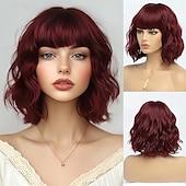 economico Parrucche trendy sintetiche-parrucche per donne parrucca corta ondulata con frangia parrucca con radici scure lunghezza media capelli sintetici naturali per feste quotidiane &amp;amplificatore cosplay