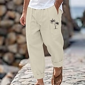 preiswerte Retro-Herren Leinenhose Hose Hosen Sommerhosen Kordelzug Elastische Taille Gerade geschnitten Kokosnussbaum Komfort Atmungsaktiv In voller Länge Outdoor Casual Täglich Modisch Retro Vintage Schwarz Weiß