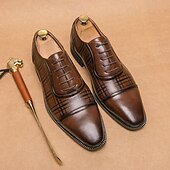 levne Formální-pánské hnědé kostkované boty oxfordské společenské boty – šněrovací společenské boty z umělé kůže pro kancelářské i obchodní nošení