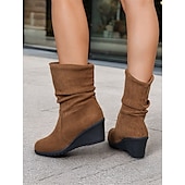 levne Slouch Boots-dámské hnědé semišové kotníkové boty – pohodlný klínový podpatek s prohnutým designem, ideální na podzimní a zimní běžné nošení