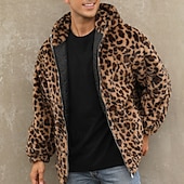 preiswerte Herrenjacken &amp; Herrenmäntel-Herren Winterjacke Fleecejacke Mantel aus Kunstpelz Täglich Urlaub warm Tasche Vlies Herbst Winter Leopard-Druck Modisch Strassenmode Mit Kapuze Standard Gelb Blau Grün Jacken