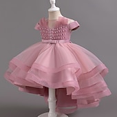 preiswerte Partykleider-kinderkleidung Mädchen Party Kleid Feste Farbe Kurzarm Hochzeit Besondere Anlässe Rüschen Gitter Zip bezaubernd Süß Polyester Asymmetrisch abendkleider Sommer Frühling Herbst 4-13 Jahre Wei