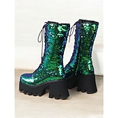 baratos Botas com salto-botas plataforma femininas com cadarço e lantejoulas – botas de salto grosso verde e azul brilhantes para festas, festivais e cosplay