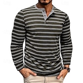 billige Uformell Henley T-skjorte-Herre T-skjorte med knapp T skjorte Henly-skjorte T-skjorter Langermet Henley Vår &amp; Vinter Stripet Mote Designer Grunnleggende Knapper Feriereise Gate Ut på byen Svart Hvit Kakifarget Topp T-skjorte