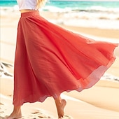 billige Chiffon skjørt-Dame Huske Langt skjørt Fritid Høst Maksi Høy Midje Skjørt Ensfarget Multi Layer Lang Ferie Fritid / hverdag Påfugl Blå Blå Ingefær Oransje Vår sommer Lin / bomullsblanding