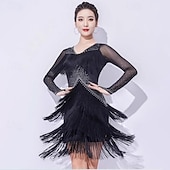 cheap Competition Dress-Latin Salsa Dance Dress Rhinestone Tassel Splicing Women's Performance Training Long Sleeve Mesh Milk Fiber