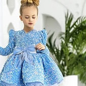 preiswerte Partykleider-kinderkleidung Mädchen Party Kleid Feste Farbe Langarm Leistung Gitter Prinzessin Süß Gitter Mitte der Wade Etuikleid Tüll-Kleid Sommer Frühling Herbst Kinder Himmelblau