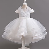 preiswerte Partykleider-kinderkleidung Mädchen Party Kleid Feste Farbe Kurzarm Hochzeit Besondere Anlässe Rüschen Gitter Zip bezaubernd Süß Polyester Asymmetrisch abendkleider Sommer Frühling Herbst 4-13 Jahre Wei