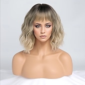 economico Parrucche trendy sintetiche-parrucche per donne parrucca corta ondulata con frangia parrucca con radici scure lunghezza media capelli sintetici naturali per feste quotidiane &amp;amplificatore cosplay