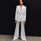cheap Mom&#039;s Pant Suits-Two Piece Pantsuit Evening Gown Vintage Dress Tuxedo Dress Formal Wedding Floor Length Long Sleeve Shirt Collar  with Glitter