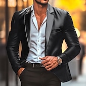 cheap Men&#039;s Classic Blazers-Men&#039;s Blazer Sport Coat Office Work Street Pocket Fashion Casual Spring &amp;  Fall Polyester Faux Leather Plain Pocket Casual / Daily Single Breasted Blazer Black